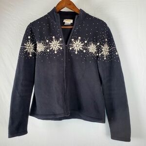 Talbots Cotton Snowflake Zip‎ Front Cardigan